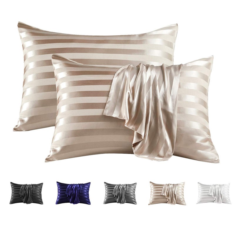 MR&HM Satin Pillowcase for Hair and Skin, Silk Satin Pillowcase 2 Pack, Queen Size Pillow Cases Set of 2, Silky Pillow Cover with Envelope Closure (20x30, Champagne Striped) - Image 1